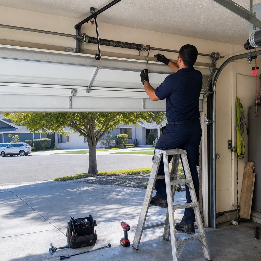 Technician performing professional garage door spring repair and maintenance