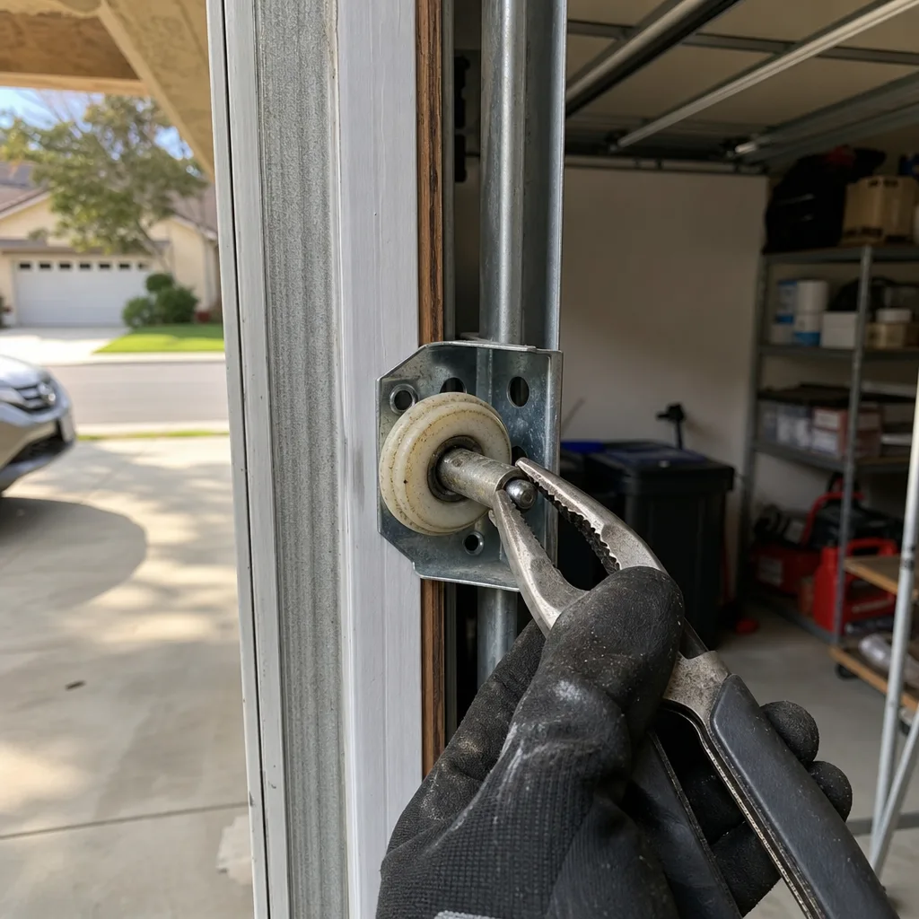 Gloved hand performing professional garage door roller repair and maintenance.
