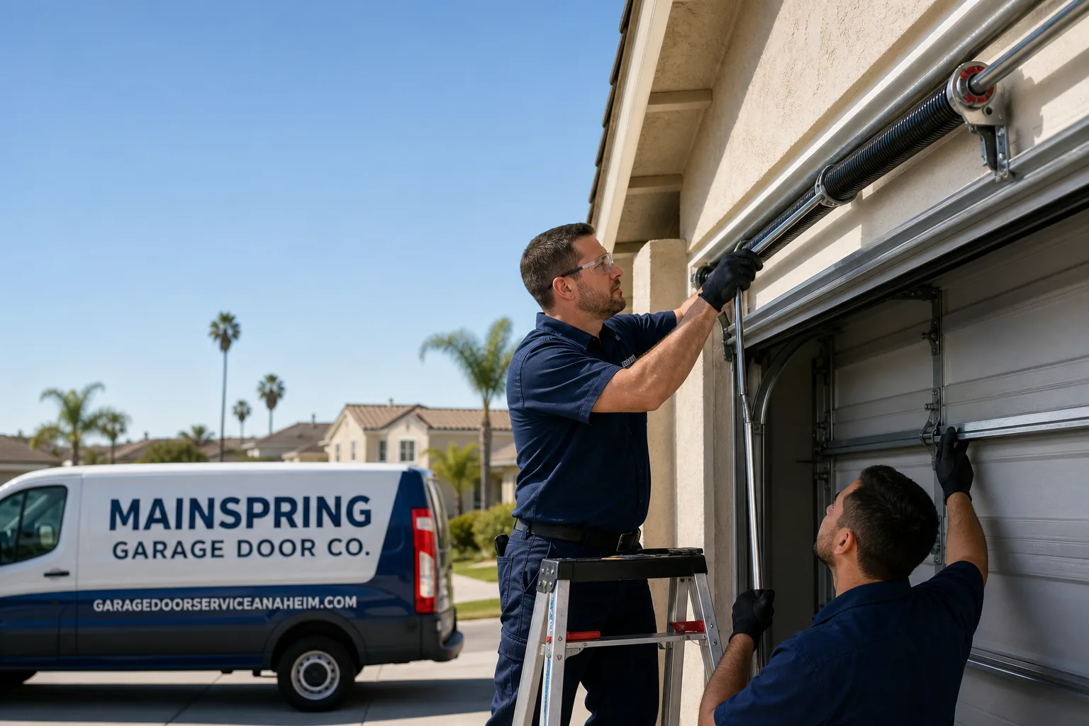 Mainspring Garage Door Co. garage door service vehicle and crew in Anaheim, CA